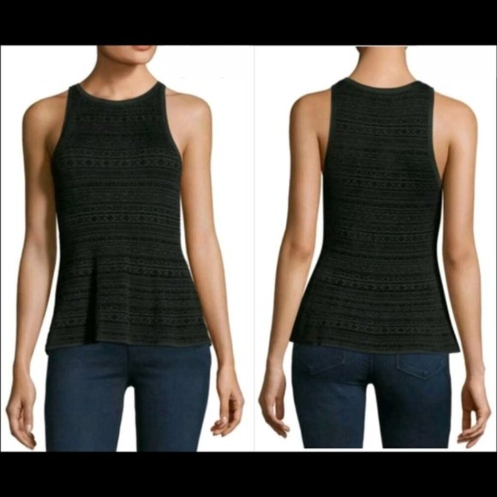 New Theory textured peplum velveen jacquard high neck flare knit tank blouse top